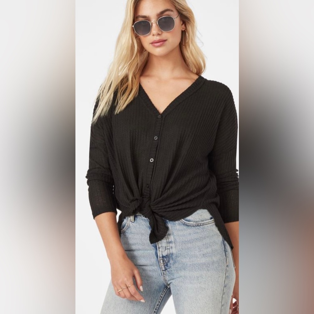 Double Zero Waffle Knit Button Tie Front Long Sleeve Top